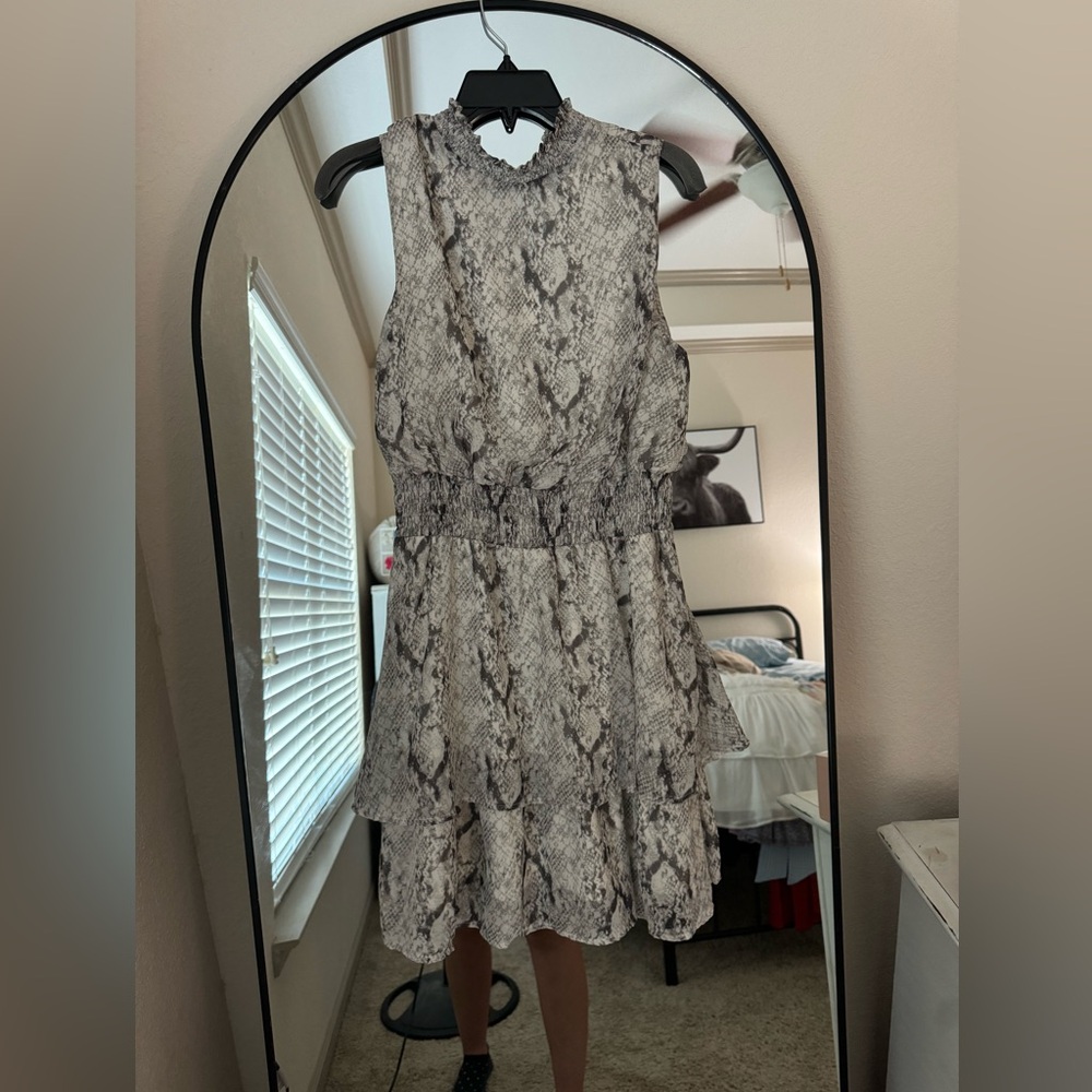 Snakeskin Mock Neck Cinched Waist Dress